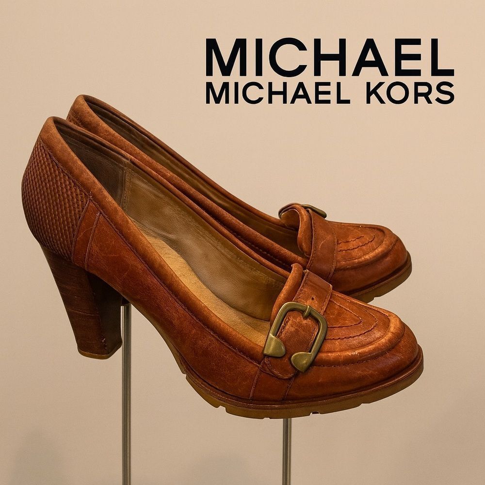 Michael Kors Tan Leather Distressed Buckle Heels 10